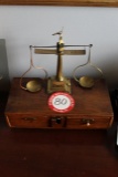 Contents of Top of Dresser, Two Drawer Jewelry Box, Brass Table Lamp, Porce