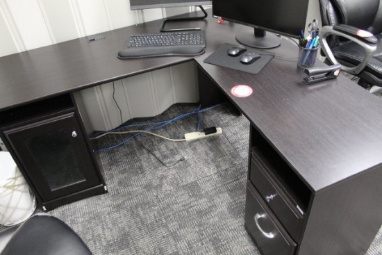 "L" Shaped Wood Desk, 2 Drawers, 1 Door