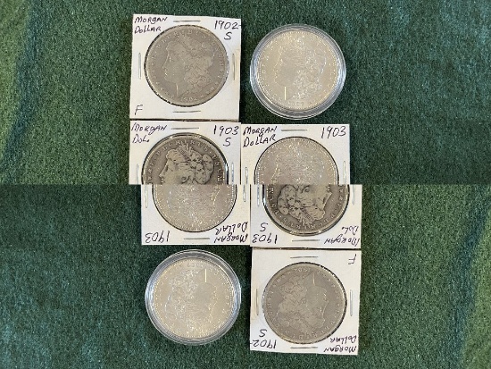 (5) Morgan Dollars: (1) 1902 Mint Mark O Ungraded (1) 1902 Mint Mark S F (1