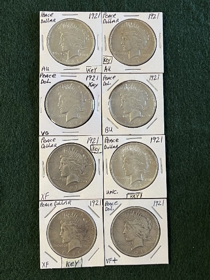 (8) Peace Dollars: (2) 1921 No Mint Mark XF (1) 1921 No Mint Mark VF+ (1) 1
