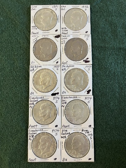 (10) Eisenhower Silver Dollars: (1) 1971 Mint Mark S Proof, (1) 1972 Mint M