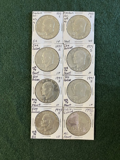 (7) Eisenhower Silver Dollars and (1) Liberty Dollar, (4) 1971 Mint Mark S P