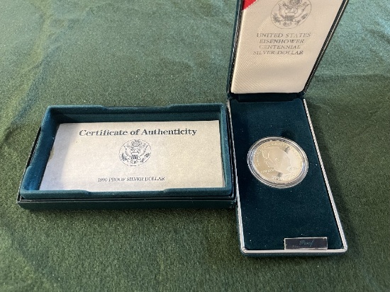 1990 Eisenhower Centennial Coin Mint Mark P Proof 90% Silver w/Certificate