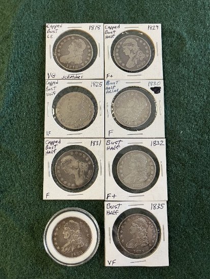 (8) Caped Bust Silver Half Dollars, 1818 VG, 1825 VF, 1829 F+, 1830 F, 1831