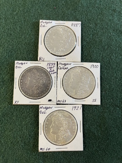 (4) Morgan Dollars: 1887  No Mint Mark BU, 1899 2 Headed, 1900 No Mint Mark