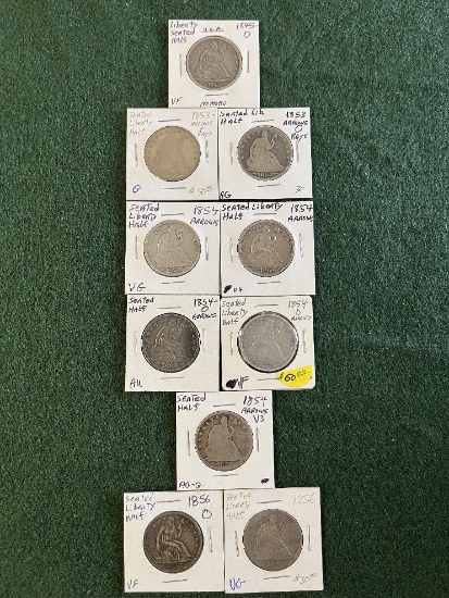 (10) Seated Liberty Half Dollars: (1) 1945-O VF, (1) 1856-O VF, (1) 1856 No