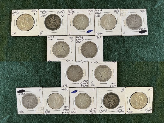 (12) Seated Liberty Half Dollars: (1) 1858-O F, (1) 1858-O XF, (1) 1858 No
