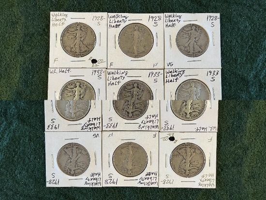 (10) Walking Liberty Half Dollar Coins: (2) 1928-S F, (1) 1928-S VG, (2) 19