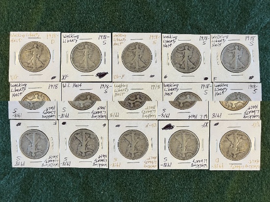 (11) Walking Liberty Half Dollar Coins: (1) 1918 No Mint Mark VG, (1) 1918-