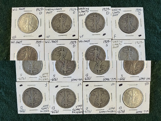 (12) Walking Liberty Half Dollar Coins: (2) 1939-S F, (2) 1929-S VF, (3) 19