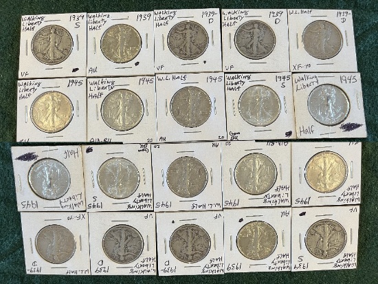 (13) Walking Liberty Half Dollar Coins:(1) 1939-S VF, (1) 1938-D XF, (2) 19
