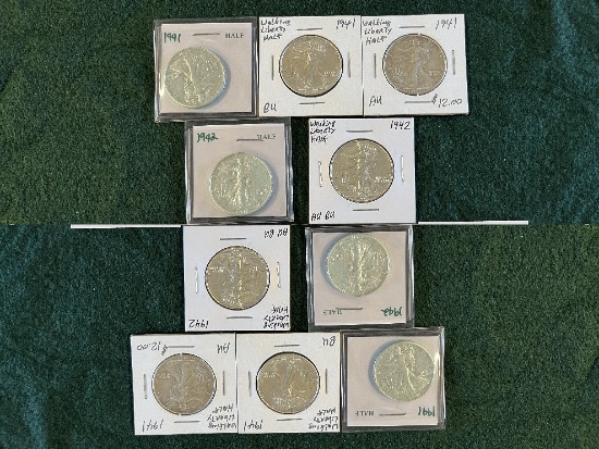 (13) Walking Liberty Half Dollar Coins: (2) 1941 No Mint Mark AU, (1) 1941
