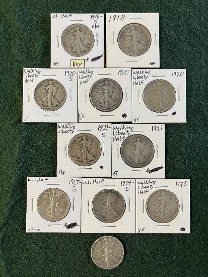 (11) Walking Liberty Half Dollar Coins:  (1) 1916-S, (1) 1921 No Mint Mark,