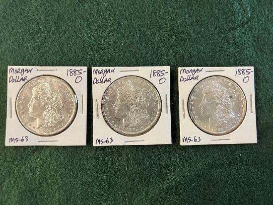 (3) 1885 Morgan Silver Dollars Mint Mark O Graded MS-63