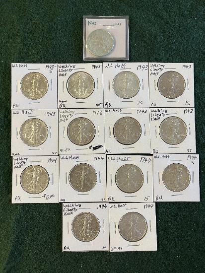 (15) Walking Liberty Half Dollar Coins: (1) 1943-S AU, (5) 1943 No Mint Mar