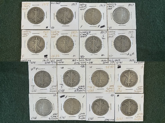 (15) Walking Liberty Half Dollar Coins:  (2) 1917 No Mint Mark F, (3) 1917