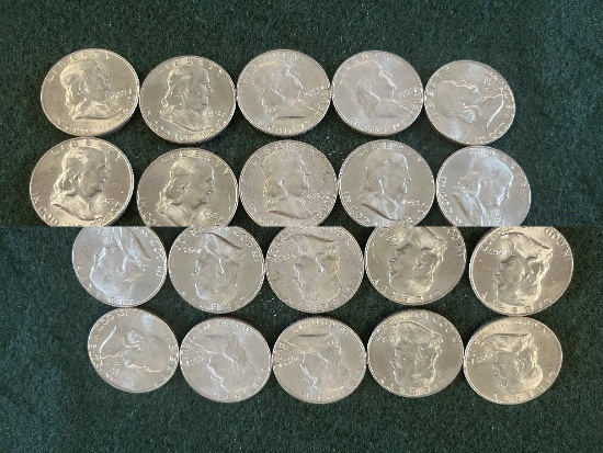 (40) Franklin Half Dollar Coins: (20) 1953-D, (20) 1958