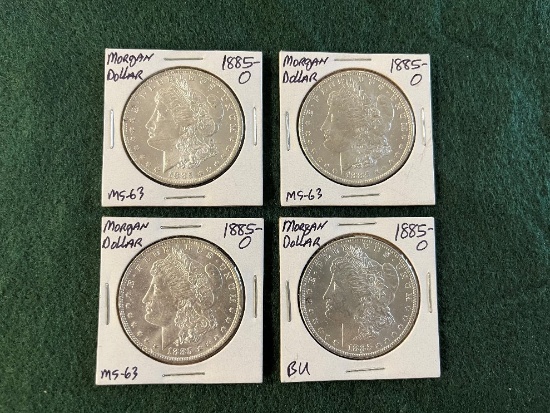(4) 1885 Morgan Silver Dollars Mint Mark O: (3) Graded MS-63, (1) BU