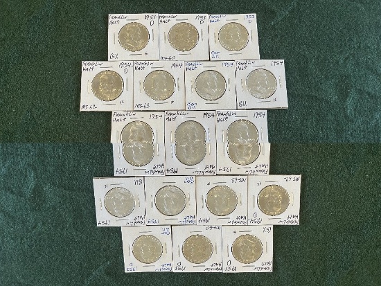 (18) Franklin Half Dollar Coins: (2) 1953-D BU, (1) 1953-D MS-60, (5) 1954
