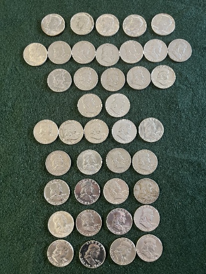 (35) Franklin Half Dollar Coins: (1) 1948-D, (1) 1949 No mint Mark, (1) 194
