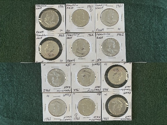 (12) Half Dollars: (1) 1961-D BU, (2) 1961 NO Mint Mark Proofs, (2) 1962 No