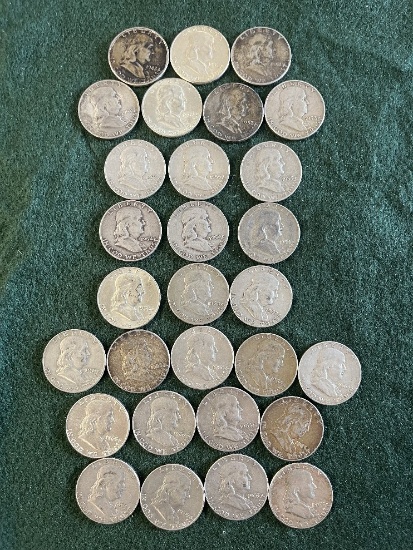 (29) Franklin Half Dollar Coins: (1) 1848-D, (2) 1951 No Mint Mark, (2) 195