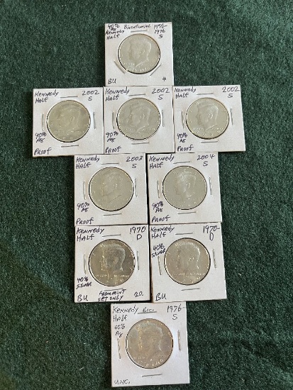 (9) Kennedy Half Dollar Coins: (2) 1970-D BU, (2) 1976-S Bicentennial BU, (