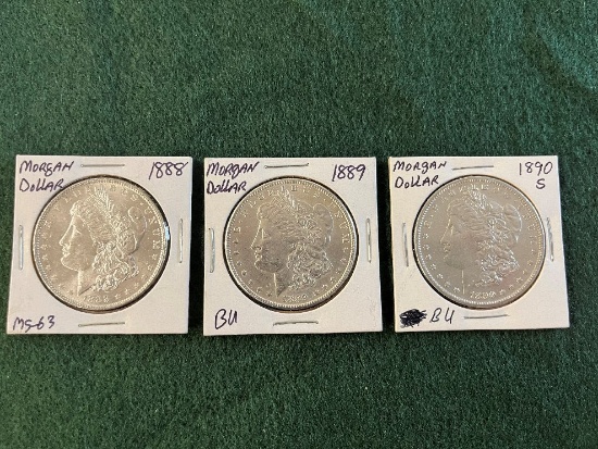 (3) Morgan Silver Dollars: (1) 1888 No Mint Mark MS-63, (1) 1889