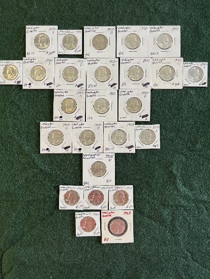Washington Quarters: 91) 1947-S BU, (1) 1948 MS-63, (1) 1950 BU, (1) 1950-D