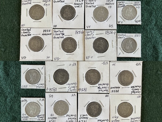 Seated Liberty Quarters: (1) 1853 VF, (2) 1854 VF, (1) 1854 VG, (1) 1855VG,
