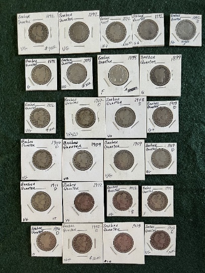Liberty Head Quarters: (3) 1892 VG, (1) 1892 G, (1) 1892 G, (1) 1895-S F, (