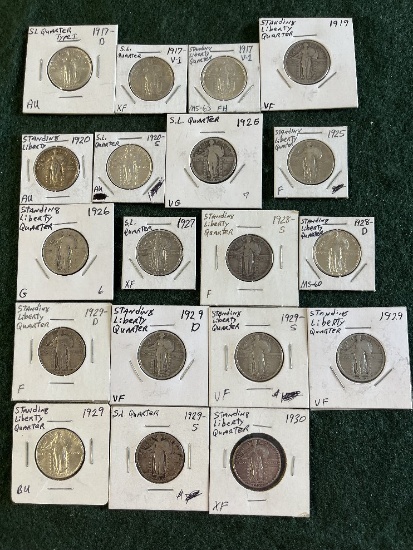 Standing Liberty Quarters: (1) 1919 VF, (1) 1920 AU, 1) 1920-S AU, 1917-D A