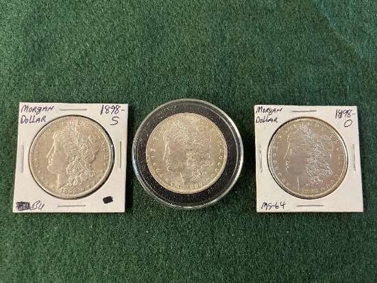 (3) Morgan Silver Dollars: (1) 1898 Mint Mark S BU, (1) 1898 Mint Mark O MS