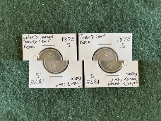 Liberty Seated 20 Cent Piece: (1) 1875-S VF, (1) 1875-S VG