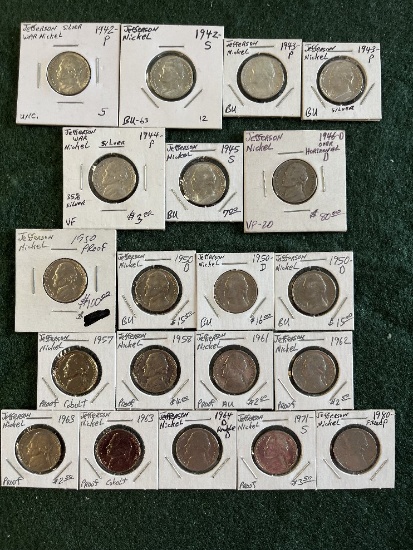 Jefferson Nickels: (2) 1942, (2) 1943, 91) 1944, (1) 1945, 91) 1946, (4) 19