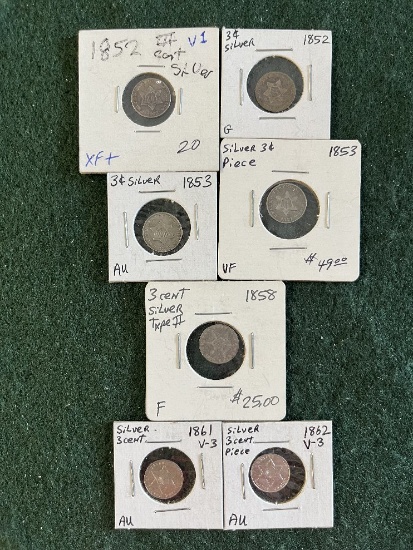 3 Cent Pieces: (1) 1852 G, (1) 1852 XF, (1) 1853 VF(1) 1853 AU, (1) 1858 F,