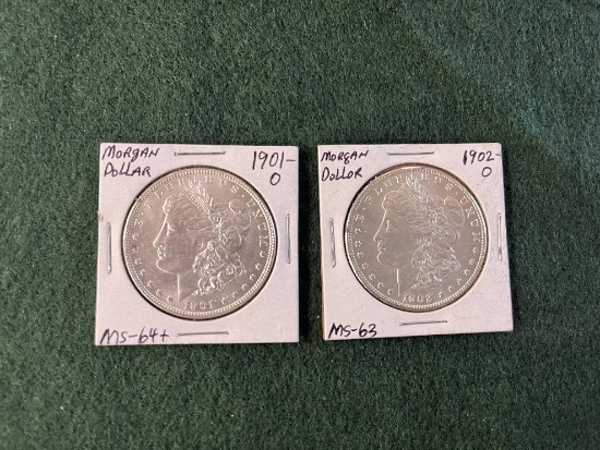 (2) Morgan Silver Dollars: (1) 1901 Mint Mark O MS-64, (1) 1902 Mint Mark O
