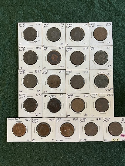 Large Cent Pieces:  (1) 1817, (1) 1826, (1) 1830, (3) 1831, (1) 1833, (2) 1