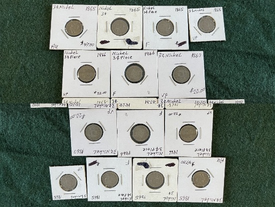 3 Cent Nickels: (4) 1865, (2) 1866, (1) 1867, (5) 1868, (2) 1870. (1) 1873