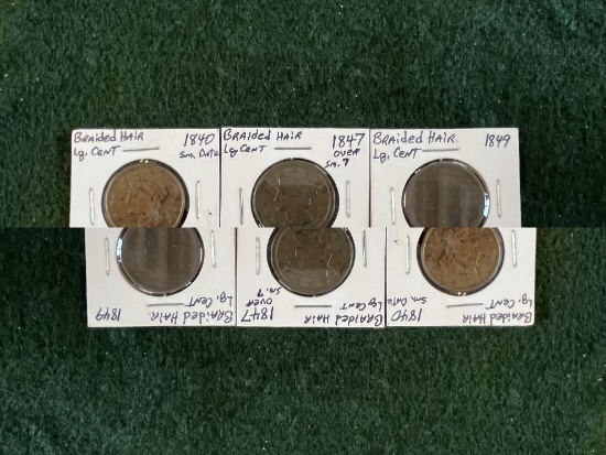 Braided Hair Large Cent Pieces: (1) 1847, 91) 1840, (1) 1848, (1) 1851, (1)