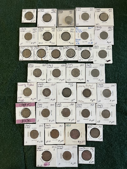 Liberty Nickels: (15) 1883, (1) 1884, (1) 1890, (1) 1891, (1) 1894. (2) 190