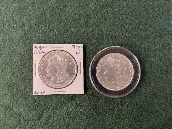 (2) Morgan Silver Dollars: (1) 1904 Mint Mark O MS-64, (1) 1904 Mint Mark O
