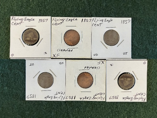 Flying Eagle Cents: (1) 1857 XF, (1) 1857 VG, (1) 1857 G, (2) 1858 VF, (1)