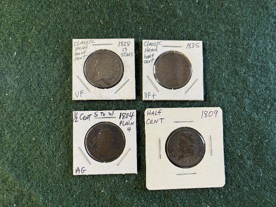 US Half Cents: 1804 AG, 1809, 1828 VF, 1835 VF