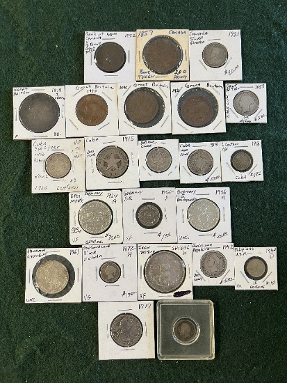 Assorted Foreign Coins: (1) 1777 Colonial Mexico 2 Reals, (1) 1872 New Foun