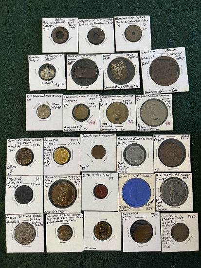 (26) Assorted Non Currency Coins, Bank Tokens, State Tokens, Billiard Token