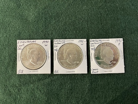 (3) Eisenhower Centennial Silver Dollars Mint Mark W