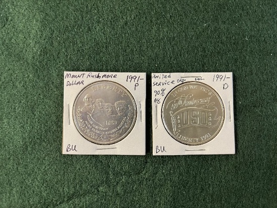 (2) Commemorative Silver Dollars, (1) 1991 50th Anniversary USO Mint Mark D