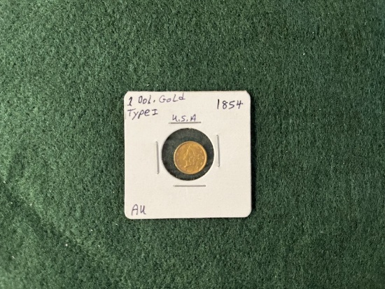 1854 1 Dollar Liberty Head Gold Coin Type 1 AU