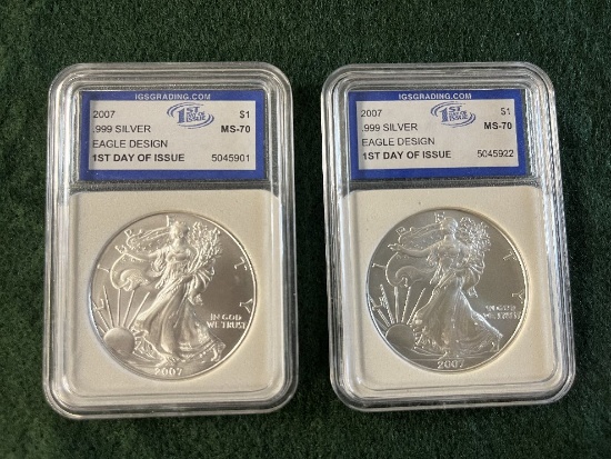 (2) 2007 Silver Eagle 1 oz Fine Silver Dollar, 1st Day Issue MS70